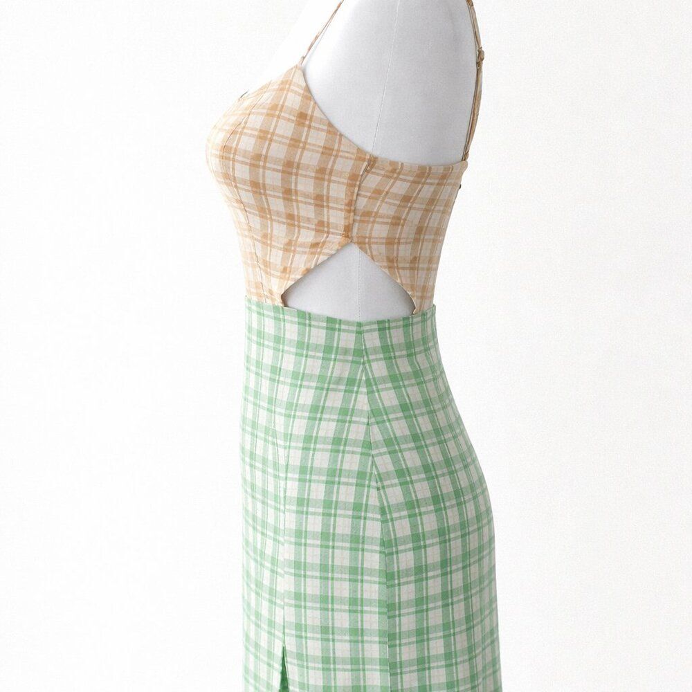 Hurley Colorblock Dress Small NWT Cutout Slit Tan Green Summer Spaghetti Straps - Picture 3 of 9